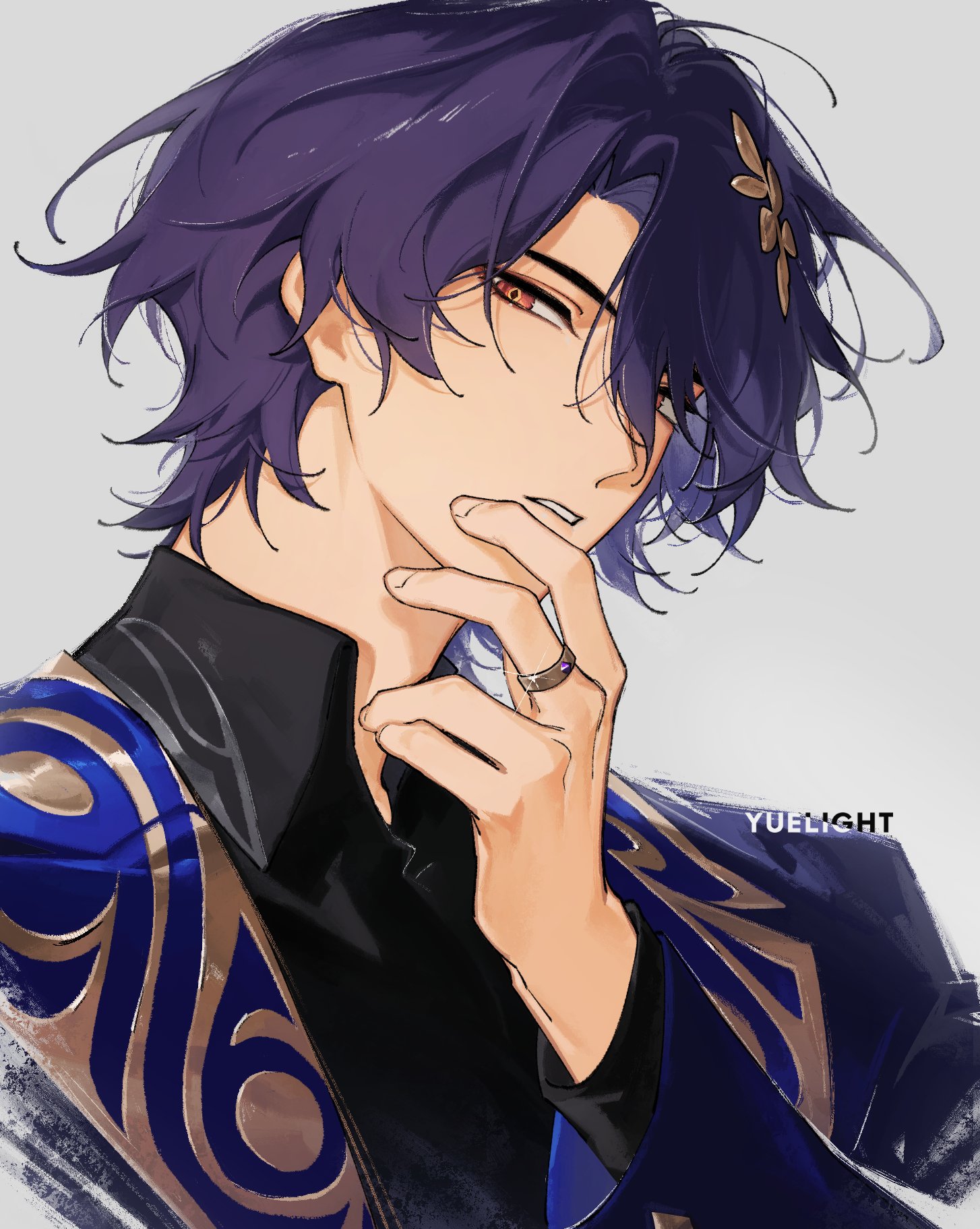 the image is a digital fan art drawing of a young animestyle man. he has shoulderlength, vibrant purple hair with a small flower ornament.  his expression is subtly alluring and confident,  his gaze directed slightly away from the viewer.  he's wearing an elegant dark jacket with ornate blue and gold detailing on the shoulders. one hand is resting on his chin, and he wears a simple ring on a finger. the art style is highly stylized, focusing on soft shading and detailed clothing design, creating an overall sophisticated and mysterious aesthetic. the background is simple, allowing the character to be the focus. the artist's signature "yuelight" is subtly placed in the bottom right corner.