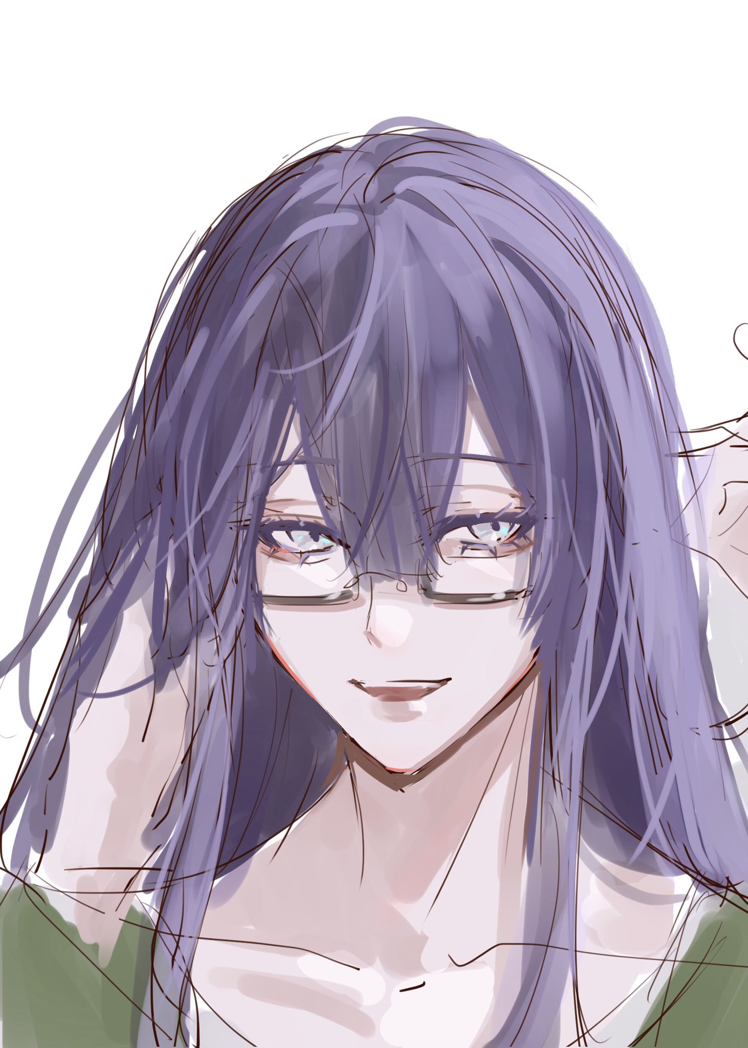 this is a digital illustration of a purplehaired anime girl with glasses smiling at the viewer. she has long, flowing hair and a lightcolored skin tone. she is wearing a green and white top.  the background is white.