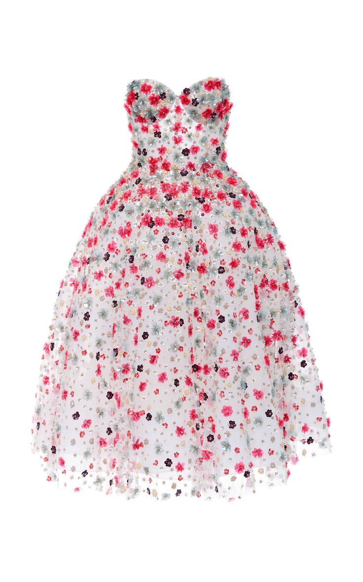 a strapless midi dress covered in pink, white, and small dark flowers, with a sweetheart neckline and made of tulle. the dress appears to be embellished with additional details.