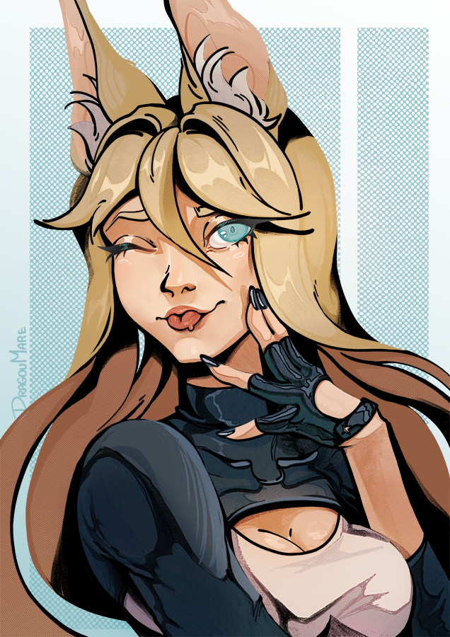 the image is a digital illustration of a cute, anime style girl with cat ears, blonde hair and blue eyes. she is wearing black gloves, a black top and white bra underneath and is winking at the viewer. the background is a light blue color with a grid pattern. the style is reminiscent of a comic book or graphic novel. the girl is drawn in a very detailed and stylized way. she has a sexy and cute vibe, and she looks like she's ready for an adventure.