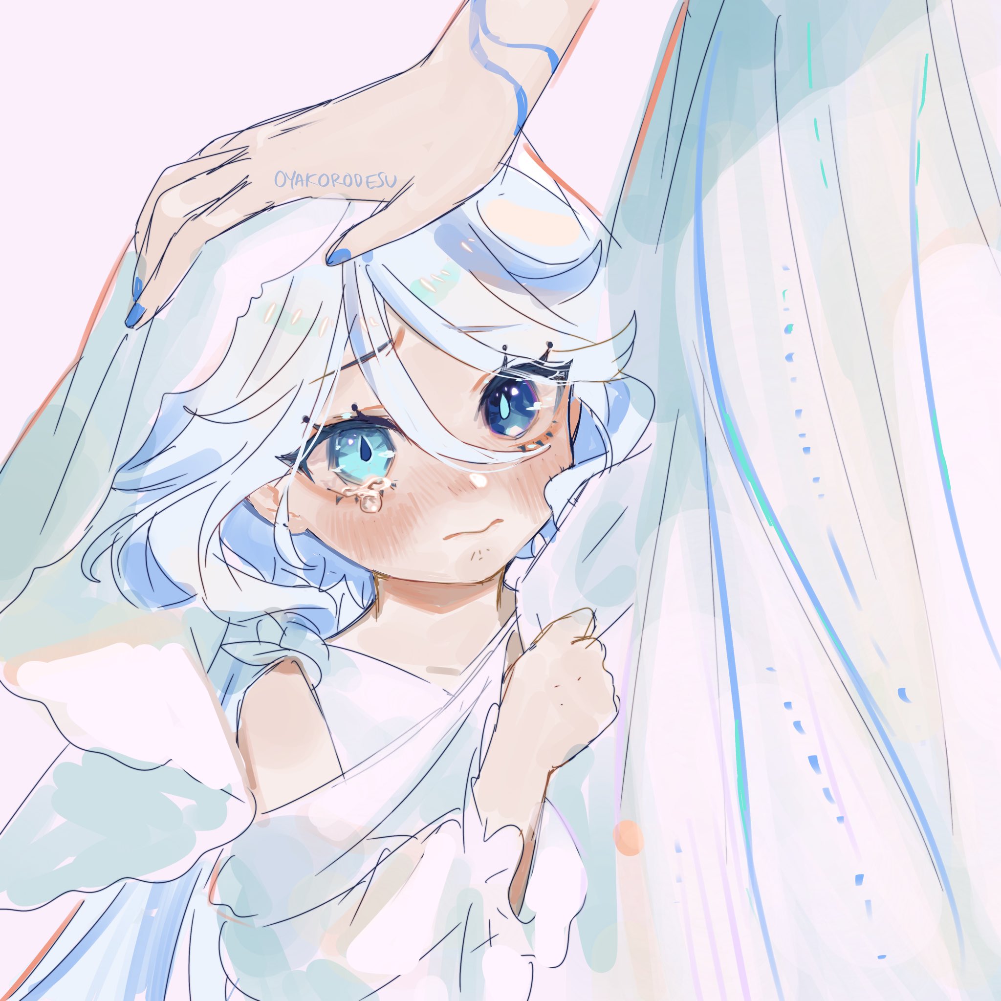 an anime girl with long, flowing white hair and a white dress is being comforted by someone unseen, her hand gently resting on the girl's head. she is crying and looks very sad. the scene is softly rendered in pastel colors, giving it a dreamy and ethereal feel.