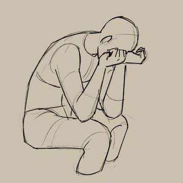 a simple line drawing of a man hunched over with his head in his hands. he appears to be crying or in great distress.  the drawing is done in black and white, and the lines are simple and expressive. the man's posture and facial expression convey a sense of sadness and despair.