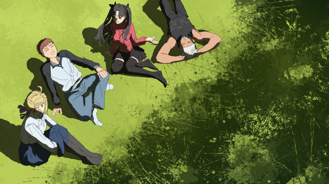 digital fanart illustration in an anime style depicts four characters from the fate series relaxing together on a patch of green grass.  saber is in the top right, wearing a dark top and skirt. rin is seated to the left of saber, in a red top and black skirt and stockings.  a male character, possibly archer, lies down between them, dressed in black. a fourth character, perhaps lancer, is seated to the left bottom, dressed in a lighter blue and dark blue attire. the style is casual and relaxed, with a slightly grunge texture applied to the background grass.  the overall mood is peaceful and friendly.