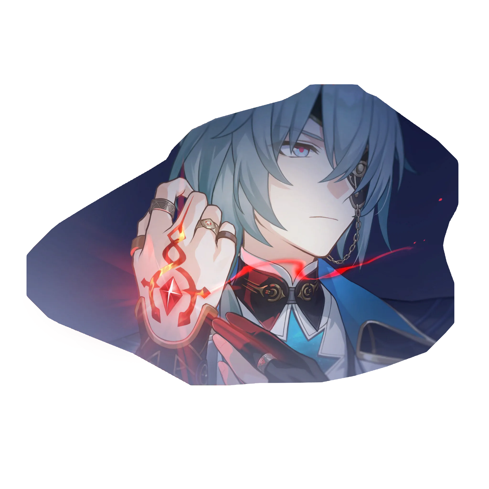 an anime male with blue hair and an eye patch, wearing a formal costume, is shown holding up a hand adorned with rings and a glowing red symbol.