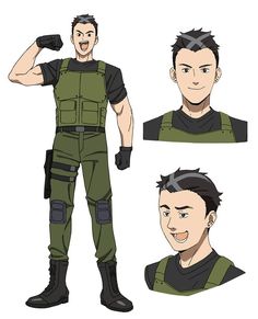 a digital drawing of a man with short gray and black hair, wearing a green tactical vest, black shirt and green cargo pants. the style of the drawing is reminiscent of anime.  the image includes a front view and two headshots.  the background is white.