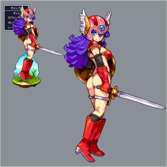 a female warrior in red armor and a helmet, with a blue hair, is holding a sword and a shield, drawn in a pixel art style, on a grey background.