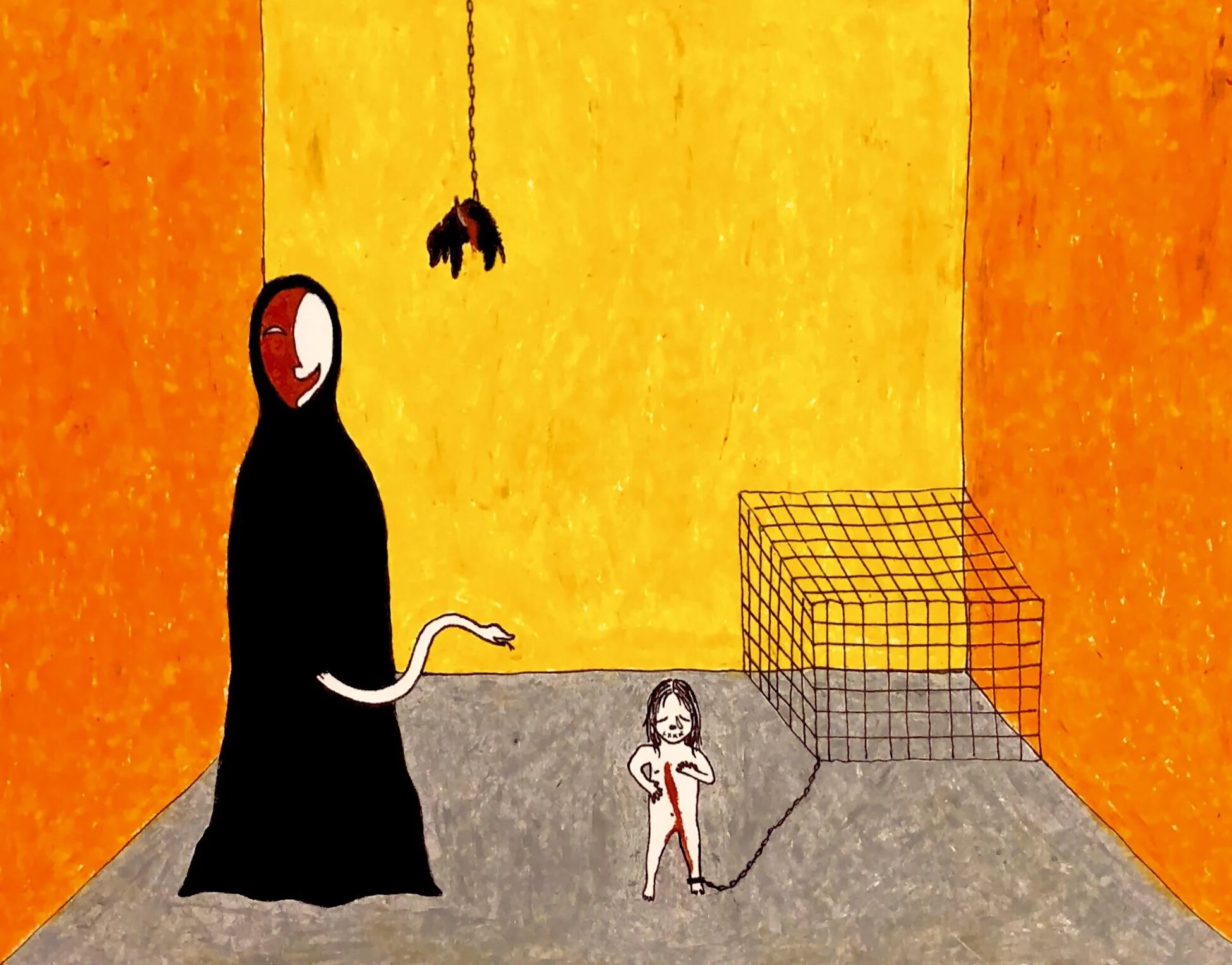 he image is a surreal drawing or painting depicting a darkrobed woman with a masked face standing in a corner of a room. she appears to be holding a chain attached to a small, naked child who is standing near a wire cage. the walls of the room are painted in shades of orange and yellow, creating a stark contrast to the dark figures.  the style is simplistic and somewhat childlike, yet the subject matter is deeply unsettling and evokes a sense of unease and confinement. the overall effect is a symbolic representation of child abuse or captivity.