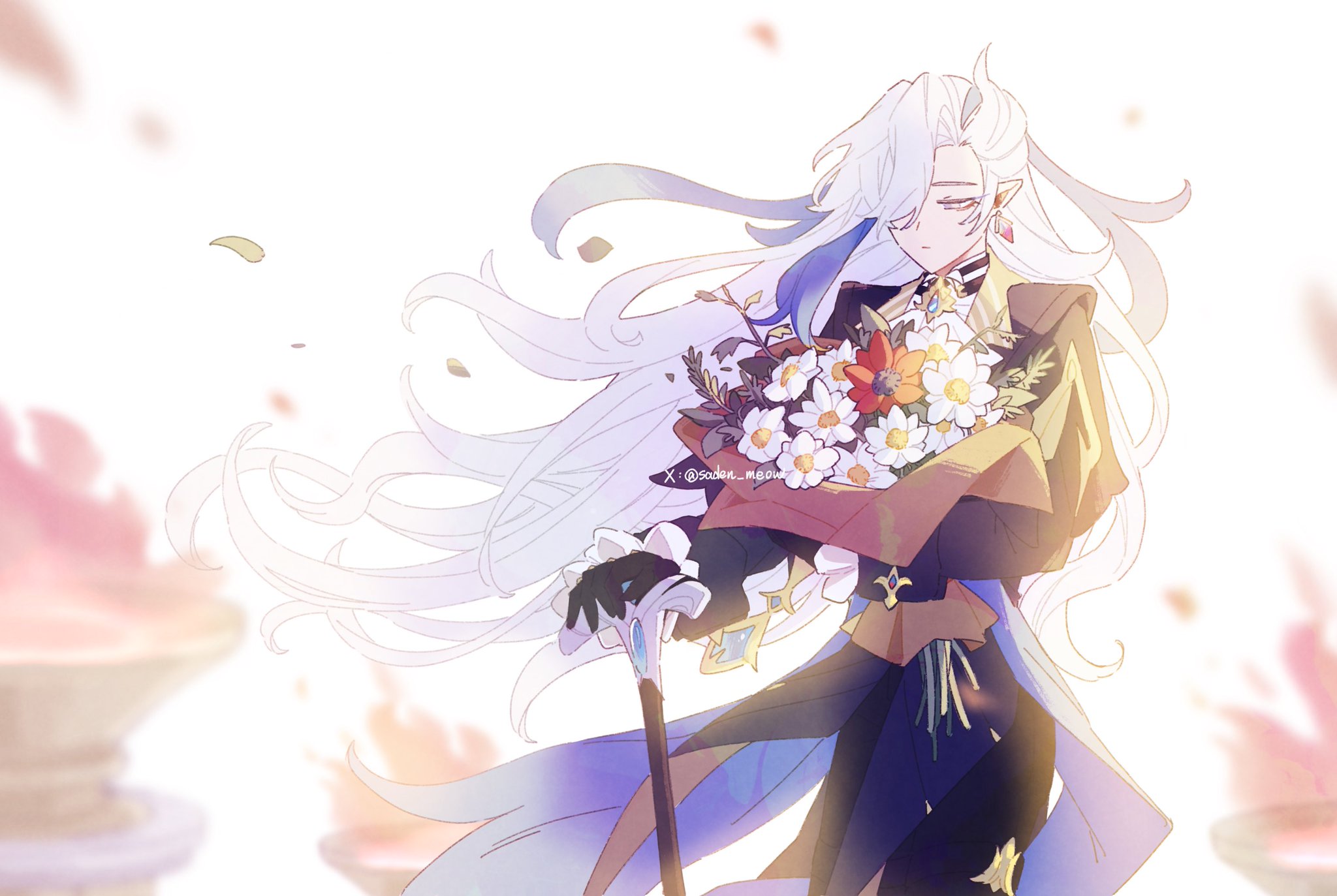the image is a piece of digital fanart depicting scaramouche, a character from the video game genshin impact.  he's portrayed with his characteristic long white hair with a blue streak, wearing elegant, flowing clothing.  he holds a large bouquet of primarily white daisies and other flowers, wrapped in brown paper.  his expression is somewhat melancholic or sorrowful. the background is soft and light, with blurry, outoffocus elements suggestive of flames or torches.  the overall style is soft, pastelcolored, and ethereal.  he is holding a cane. the artist's signature is subtly included in the image.