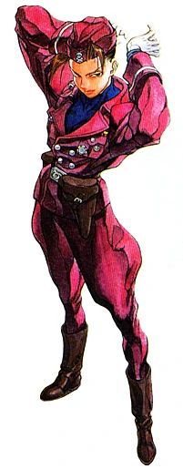 this image features a video game character from the anime series, standing in a confident pose, wearing a red military uniform,  with boots and a sword.