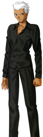 the image is a digital illustration of emiya kiritsugu from the anime and manga series fate/zero. he's depicted as a young man with short, spiky white hair, tanned skin, and a serious expression. he's wearing a darkcolored, almost black, buttondown shirt and matching trousers, creating a sleek, formal look.  the background is transparent, making the character stand out clearly. the style is consistent with typical anime/manga character design.