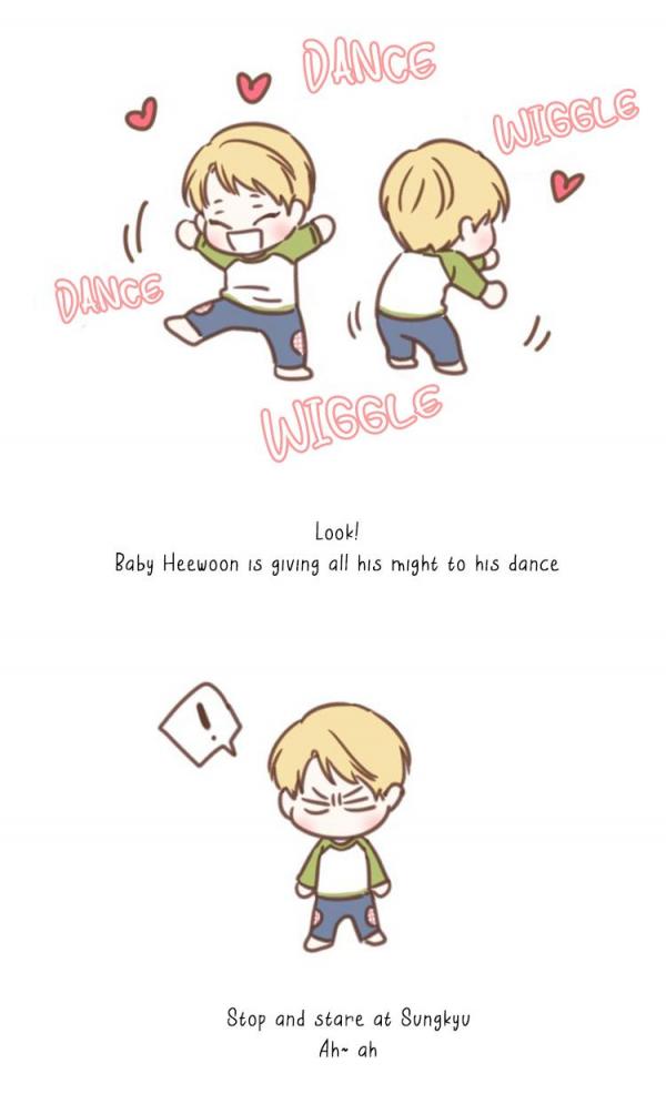 he image is a cute cartoon illustration featuring a chibistyle boy, heewoon, enthusiastically dancing. he's depicted in two poses, both showcasing his energetic movements, with the words "dance" and "wiggle" playfully written around him.  there's a smaller panel showing the same boy looking annoyed, with the text suggesting he's stopping his dance to look at sungkyu. the style is reminiscent of korean manhwa (comics). the overall tone is lighthearted and fun.