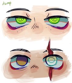 a cartoon drawing of two sets of eyes close up. the top set of eyes are bright green and bloodshot, with prominent dark circles. the bottom set has one green eye with a large scar going through it, and the other eye is dark purple and brown, as if injured.