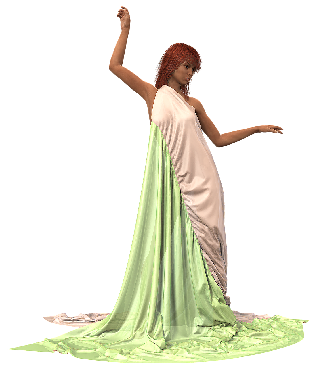 a digital rendering shows a woman with red hair wearing a long, flowing gown against a black background. the dress is draped elegantly, featuring a pale pink section alongside a vibrant green fabric that cascades down to the floor and spreads outwards. the woman is posing with one arm raised and the other extended to the side, capturing a moment of grace and poise. the lighting highlights the textures and folds of the dress, adding depth to the image.