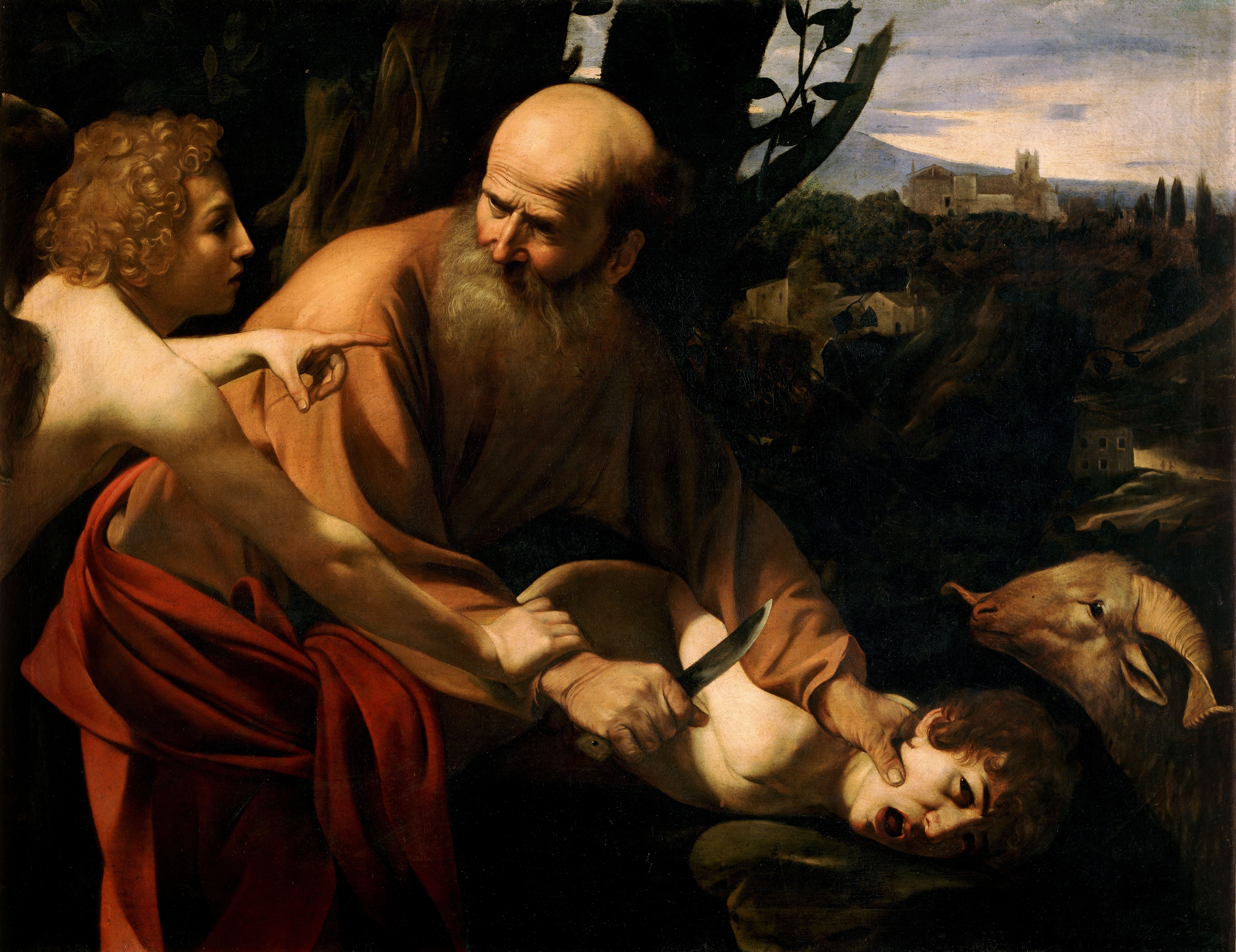 the painting depicts the biblical story of abraham's sacrifice of isaac. abraham is shown in the center of the painting, holding a knife to the throat of his son isaac. an angel appears in the upper left corner of the painting, holding a ram by the horns. the angel is instructing abraham to sacrifice the ram instead of isaac. the painting is characterized by dramatic use of light and shadow, known as chiaroscuro, which creates a sense of tension and suspense. the composition is also dynamic, with abraham and isaac's bodies forming a triangle that draws the viewer's eye towards the center of the painting.