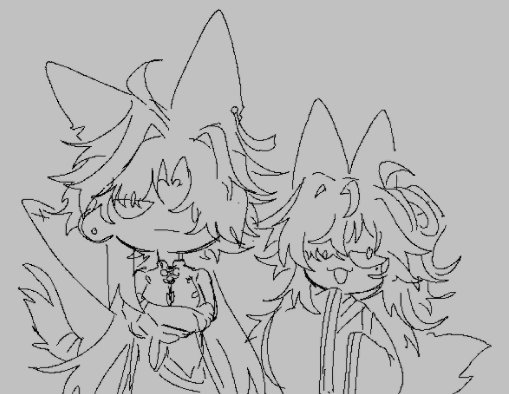 this is a black and white line art drawing of two furry anime characters. the first character is a furry character with big eyes, a tail, and long ears. the second character is a furry creature with fluffy hair and a big tail. they are facing each other, smiling. the background is a light grey.