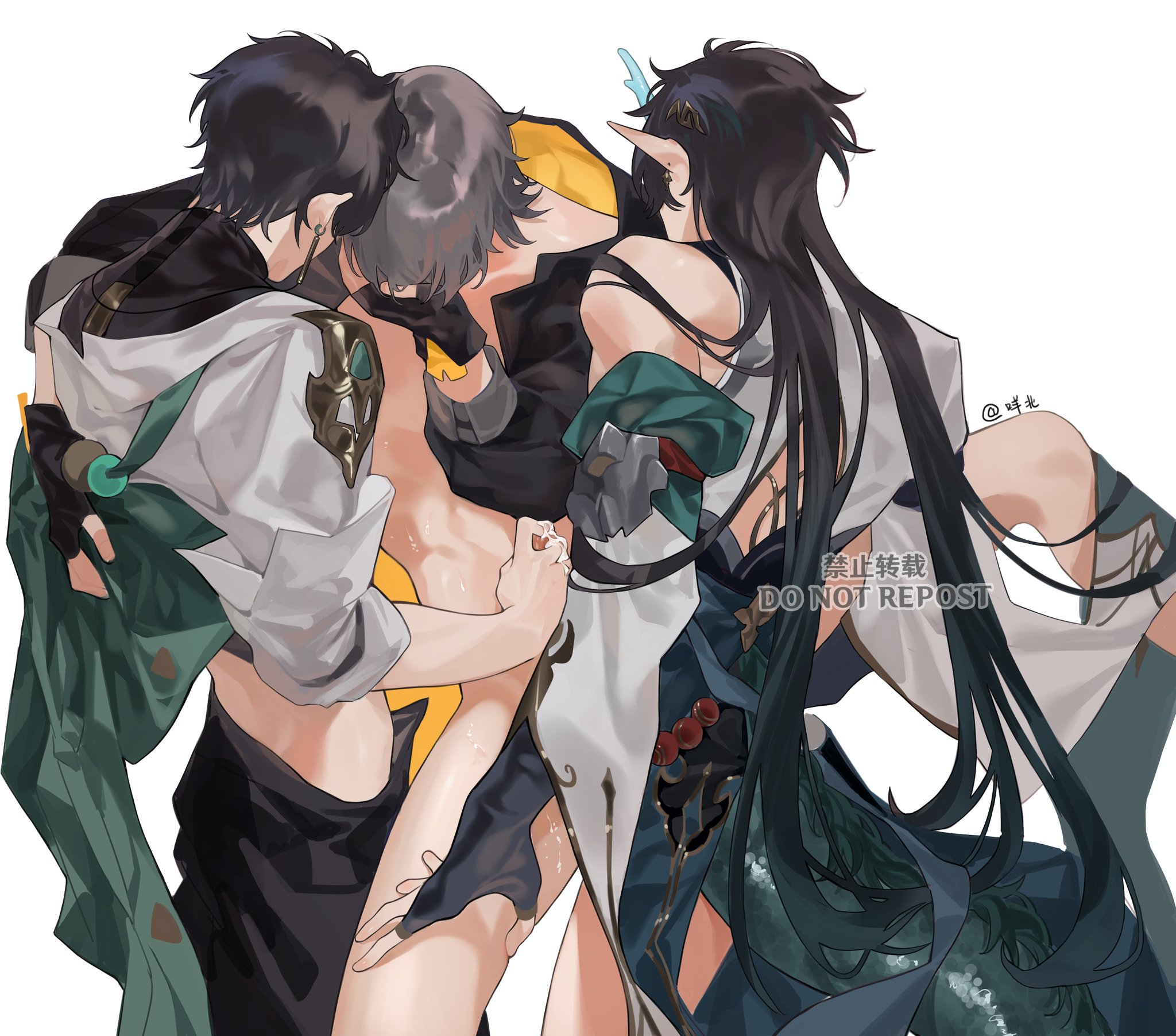 three anime men are hugging each other. the one on the left has black hair and is wearing a white shirt and green pants. the one in the middle has white hair and is wearing a black shirt and yellow pants. the one on the right has long black hair and is wearing a white dress with green accents. the one on the left is holding the one in the middle. the one on the right is hugging the one in the middle. they are all looking at each other.