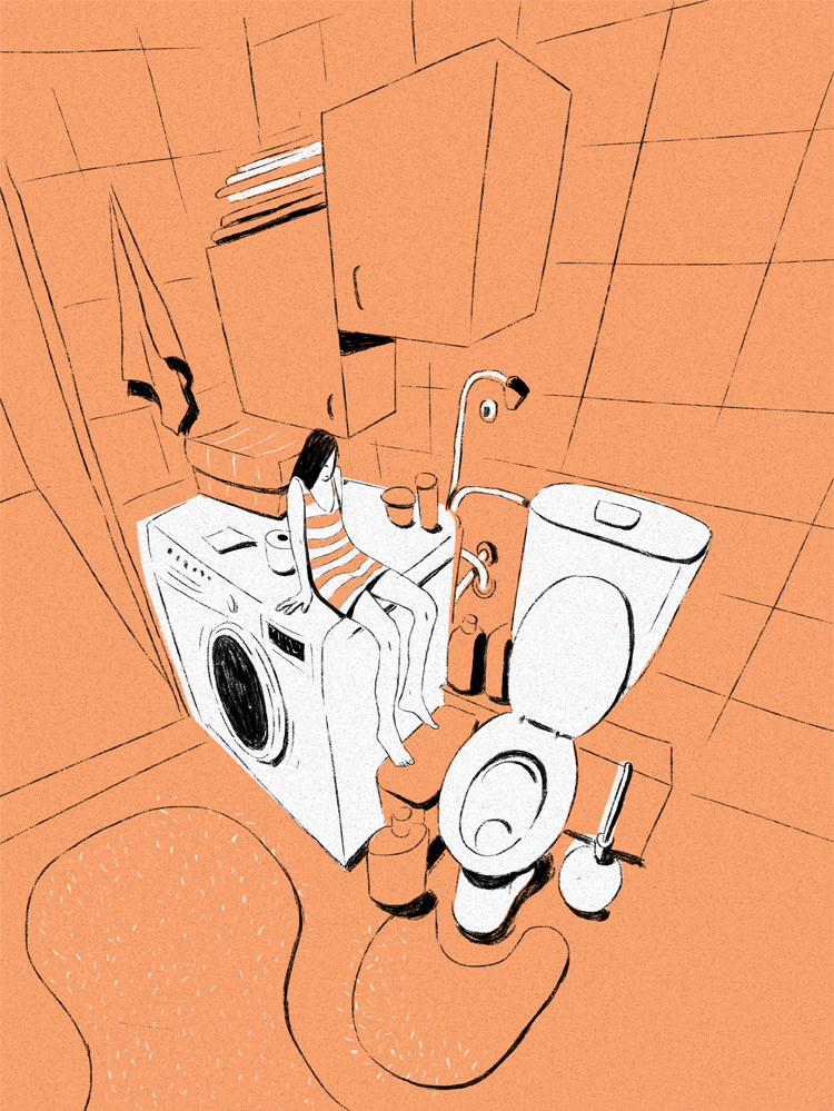 this is a handdrawn illustration of a bathroom with a woman sitting on a washing machine. the woman is wearing a white shirt with black stripes. the bathroom is orange and has a toilet, a washing machine, and a towel rack. the toilet is white and has a seat and a lid. the washing machine is white and has a door. the towel rack is white and has a towel hanging from it. the illustration is drawn in a cartoon style and has a whimsical feel.