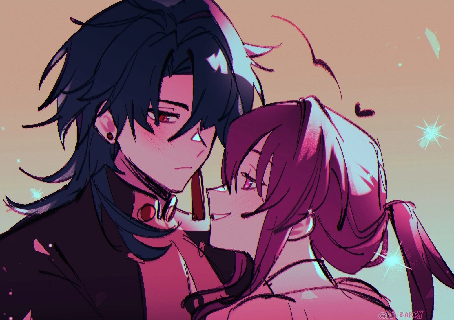 this is a digital illustration of an anime couple. the male character has dark blue hair and is wearing a black jacket. the female character has pink hair and is wearing a pink shirt. they are both blushing and looking at each other with love. the background is a soft pink and blue.