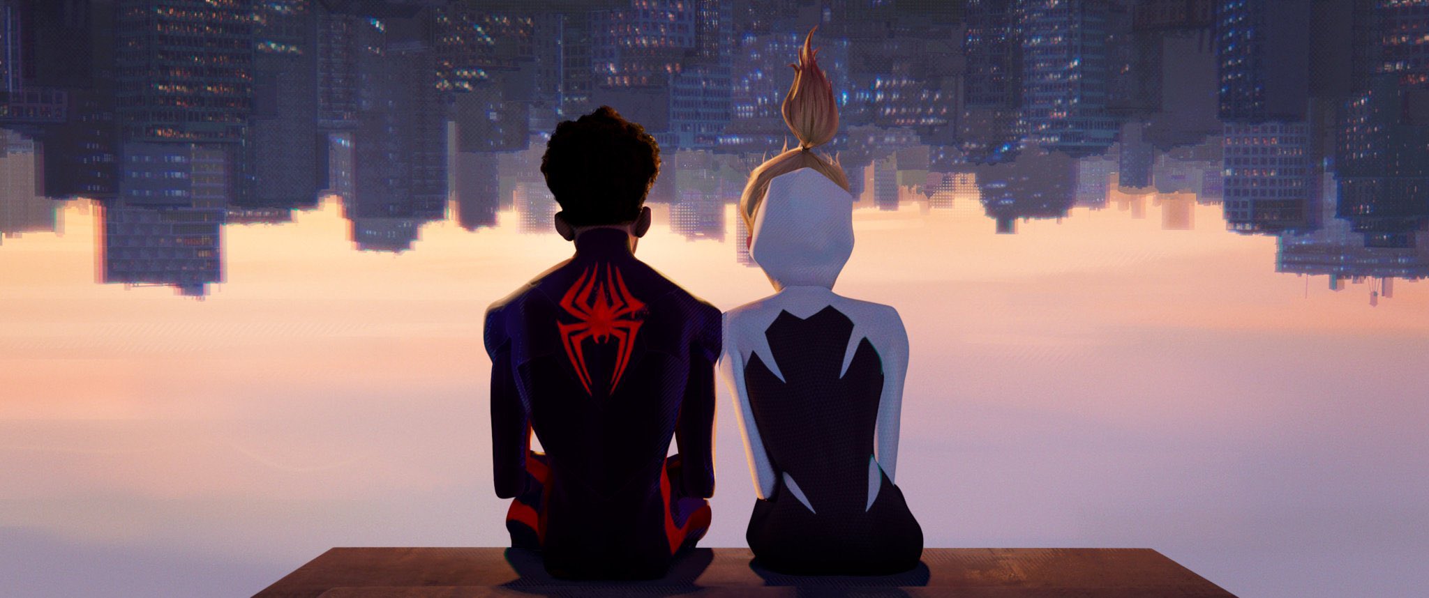 a back view silhouette of spiderman and spidergwen sitting on a ledge, looking out at the cityscape. the city is reflected in the water below, giving the impression that it is upside down. the scene is lit by a warm sunset, casting a romantic glow over the scene. the characters are in their iconic costumes, and their pose suggests that they are close friends or lovers.