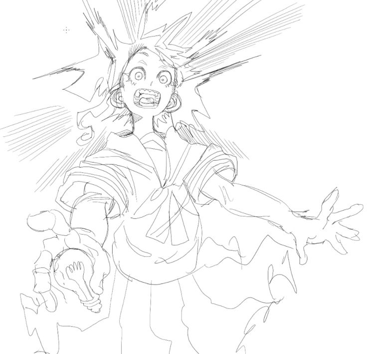 a sketch of a young anime girl with a school uniform. she is holding a lightbulb and looks to be in a state of excitement. her hair is spiky and her eyes are wide open, with her mouth open in a surprised expression. the background is a blurry sketch of bright lights and lines.