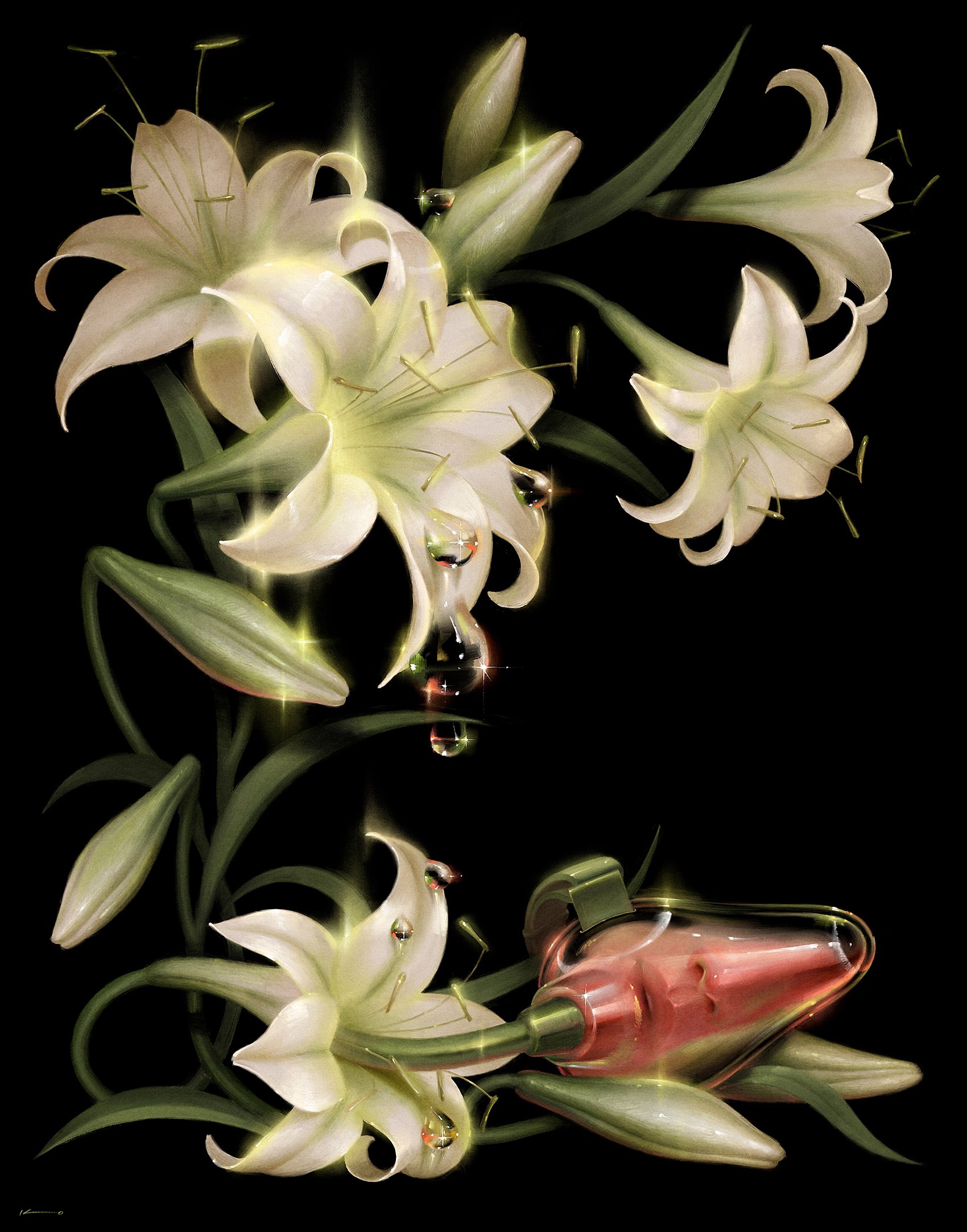 the image is a digital painting or illustration depicting a surreal scene featuring white lilies and a strange, glasslike object. the lilies are rendered with great detail, showcasing their delicate petals and glistening surfaces. some of the flowers appear to have droplets of dew or a luminous substance on them.  the object, which is attached to one of the lilies, looks like a transparent vessel or apparatus with a pink, fleshlike interior partially visible. it has a mechanicallooking connector at the top. the overall style is mystical and dreamlike, contrasting the organic forms of the lilies with the seemingly artificial device. the dark background highlights the luminosity of the flowers and the object.