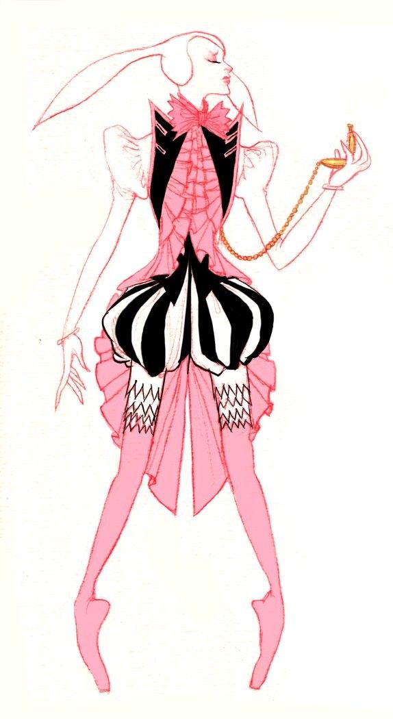 this is a line drawing illustration of a woman wearing a pink and black dress with stripes, a bow and ballerina shoes. the illustration is done in a whimsical style and the woman has a vintage look to her.