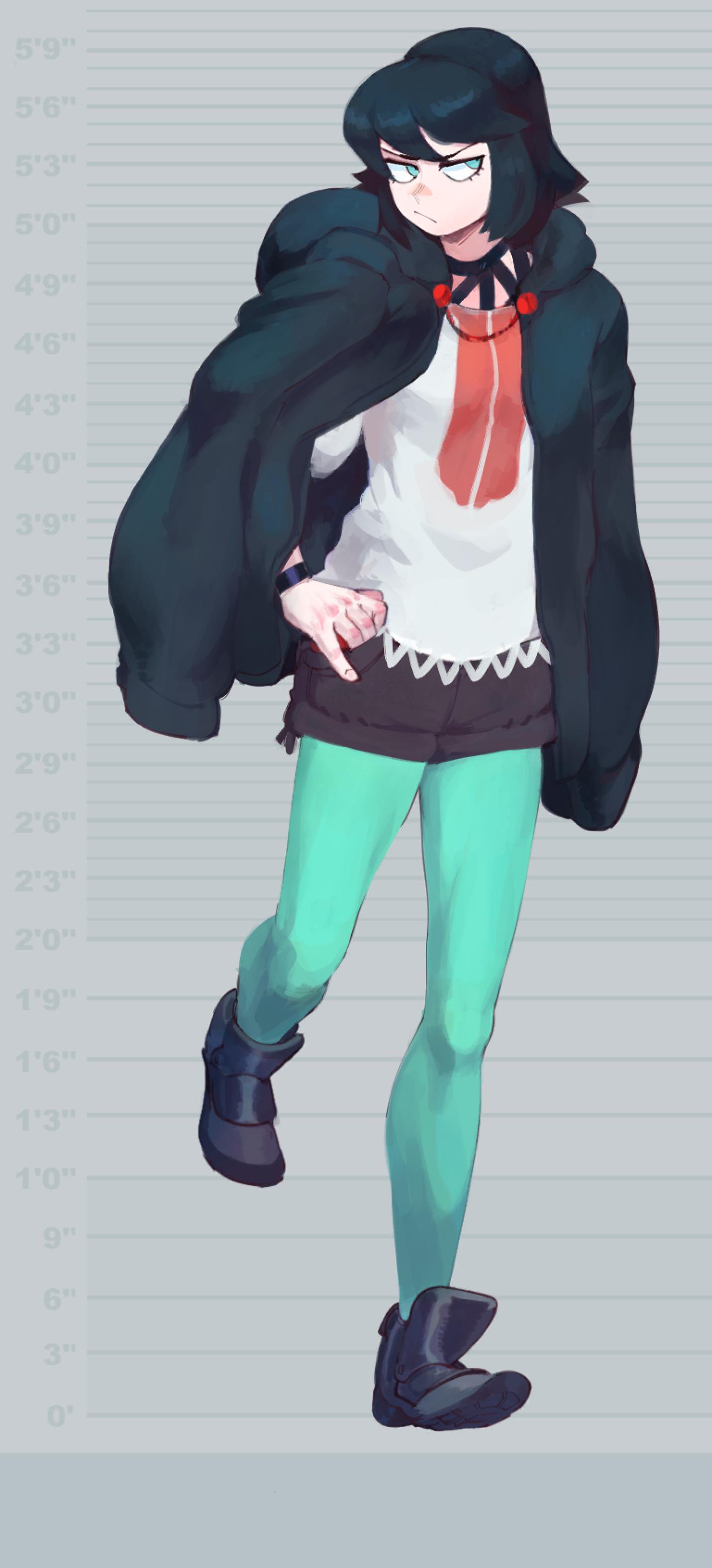 the image is of an anime girl wearing a black jacket and white shirt with a red ribbon, her hair is black and she has blue eyes. she is wearing green tights and black boots. she is standing in front of a lineup and looks bored or upset.