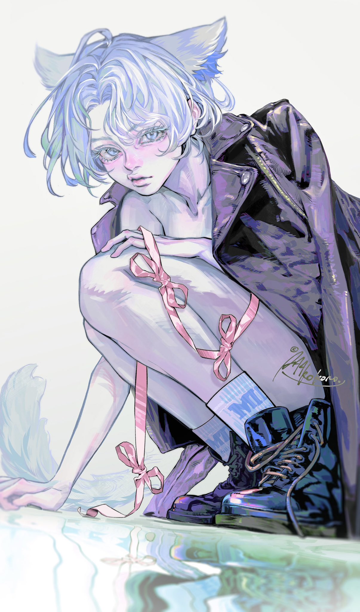 an anime girl with white hair and cat ears is sitting down with her legs crossed.  she has a pink ribbon tied around her leg and is wearing a leather jacket and boots. she's sitting by a pool of water that reflects the scene above.