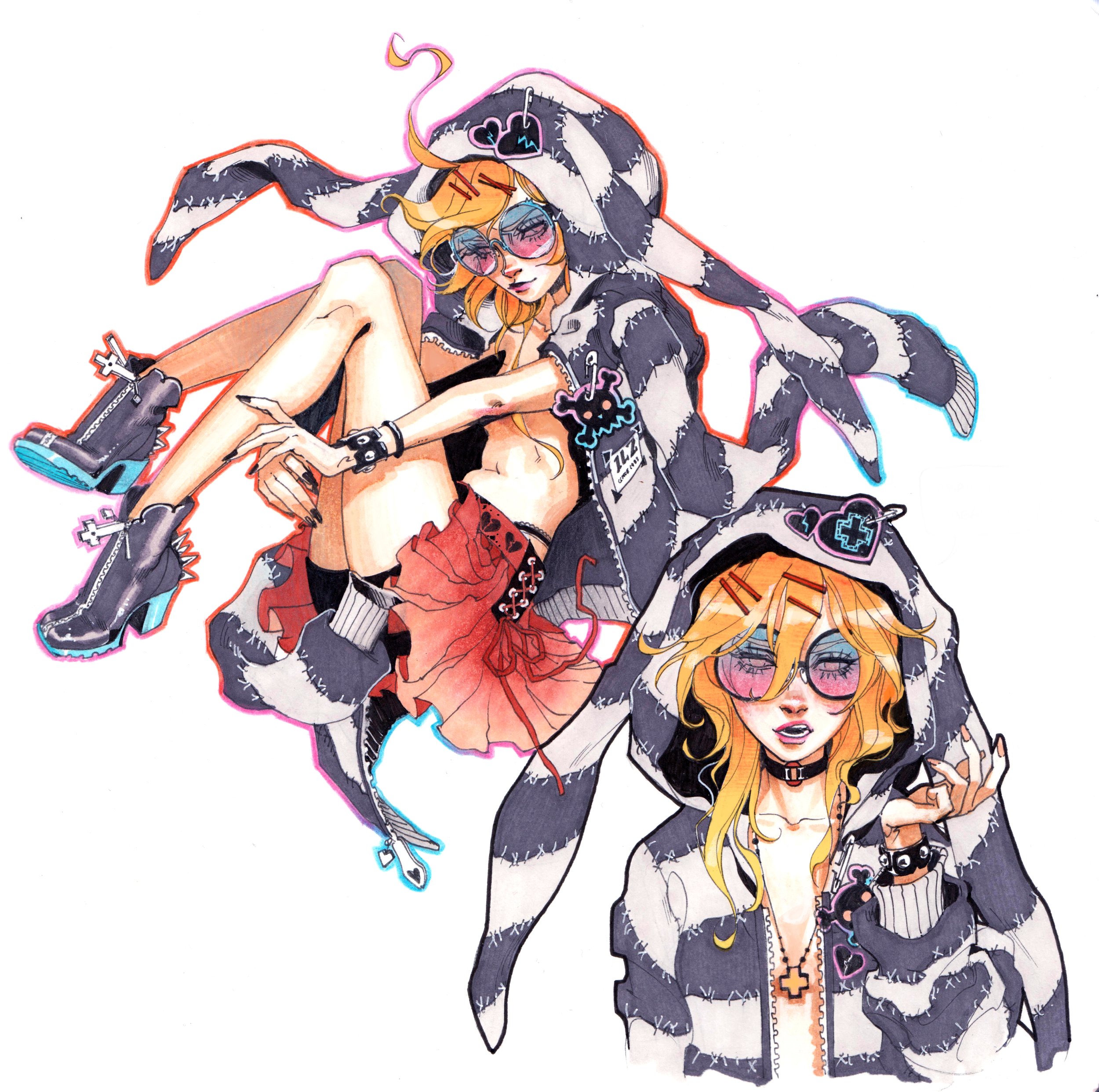 the image is a vibrant and dynamic illustration or digital painting of a stylized animeinspired girl.  the artwork features two versions of the same character: one in a more active, airborne pose wearing a unique patchwork hoodie and accessories, and another in a more static pose, similarly styled. both versions showcase detailed clothing featuring skulls, hearts, and other symbolic details. the color palette is bold and eyecatching, and the style is reminiscent of alternative or punk fashion. the character's expression and posture suggest a confident, slightly rebellious personality. the background is white, focusing the attention entirely on the subject.  the overall quality suggests professionallevel artistry and attention to detail.