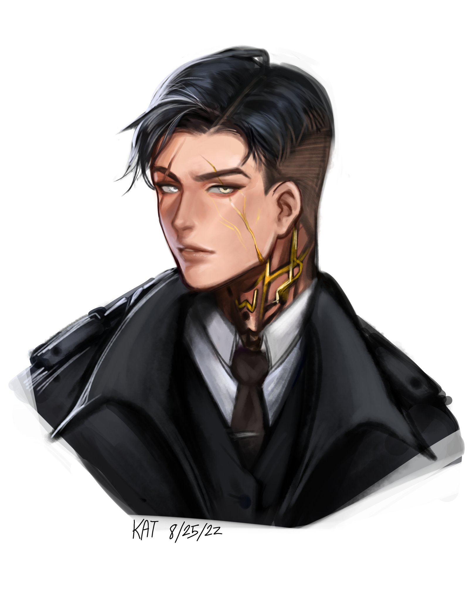 the image is a digital painting or illustration of a male character, possibly fanart, done in a style reminiscent of anime or manga. the character has dark hair styled neatly, sharp facial features, and a serious expression. he is wearing a darkcolored coat and a collared shirt with a tie.  a notable feature is a goldcolored, intricate tattoo or cybernetic enhancement on his neck. the style is elegant and stylish. the artwork is signed "kat 8/25/22", indicating the artist's initials and the date of creation.  the background is plain white, focusing attention solely on the character's portrait.