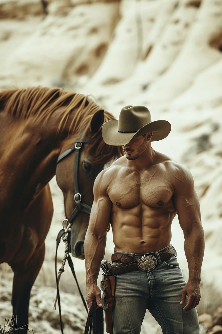 a shirtless, muscular man wearing a cowboy hat, jeans, a belt with a large buckle, and a gun in a holster. he is standing next to a horse in a desert environment.  the man is looking down at something out of frame. the background is blurred, but we can see sand and rocks.