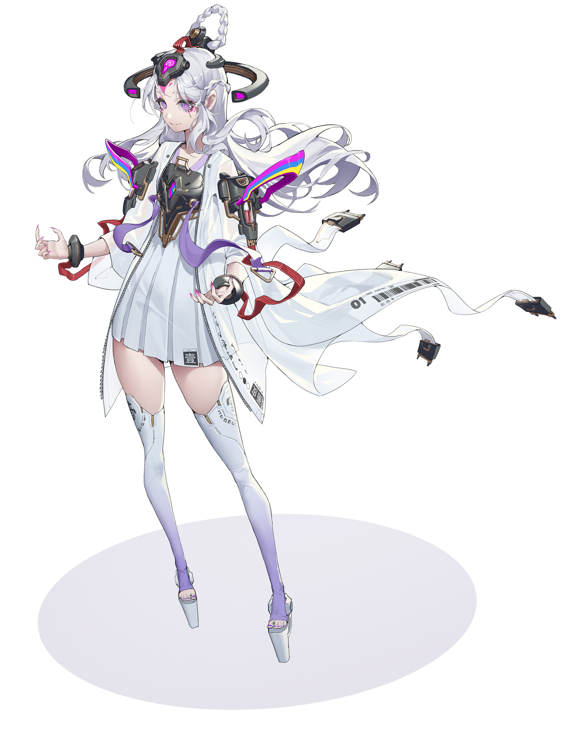 an anime girl with white hair and purple eyes is standing in a futuristic white outfit. she is wearing high heels and has scifi elements in her dress and headwear.