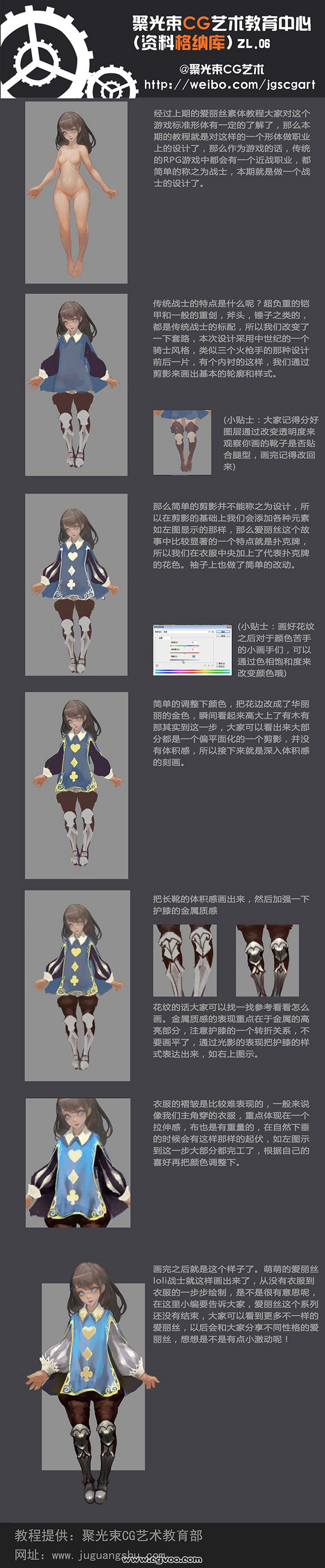 the image showcases a stepbystep character design tutorial, likely for a game or anime. it features a young female character with long grey hair and blue eyes, dressed in a blue and white outfit. the tutorial is presented in a vertical format, with chinese text accompanying each stage. it begins with a basic nude figure to illustrate anatomy, then progresses through adding clothing, refining details, and showcasing variations in pose and expression.