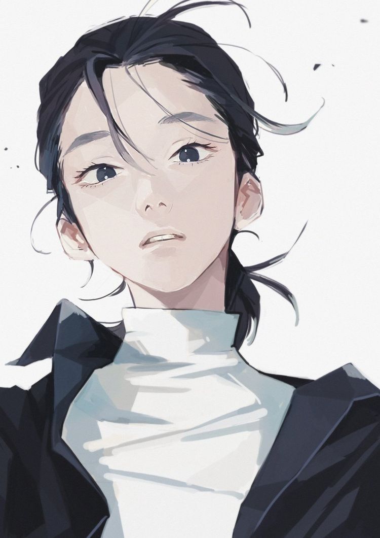 the image is a digital painting or illustration in anime style of a young woman. she has dark, windblown hair pulled back in a low ponytail. her eyes are blue, her skin is pale, and her expression is serious and somewhat pensive. she is wearing a white turtleneck sweater under a dark jacket. the art style is soft and ethereal, with a focus on subtle details and soft color palettes. the overall mood is dreamy and elegant. the background is a plain white, focusing attention on the subject.