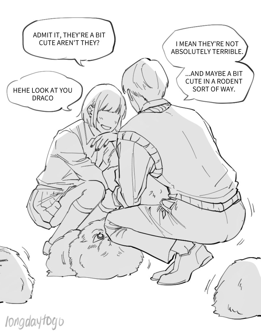 he image is a mangastyle illustration depicting a young couple, a boy and a girl, affectionately interacting with a fluffy, rodentlike creature.  the girl is smiling and has her arm around the boy, who is also looking at the creature with a fond expression.  speech bubbles indicate a playful conversation acknowledging the creature's cuteness. the style is light and airy with delicate linework, typical of many manga illustrations.  the background includes additional small, fluffy creatures suggesting a whimsical and charming setting.  the overall tone is lighthearted and humorous.
