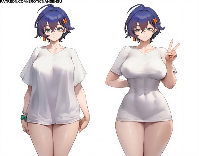 the image shows two animestyle girls standing sidebyside against a white background. both have short blue hair, green eyes, and similar features. the girl on the left is wearing an oversized white tshirt and a bracelet. the girl on the right is wearing a fitted white tshirt and making a peace sign with her hand. both girls have a curvy physique.