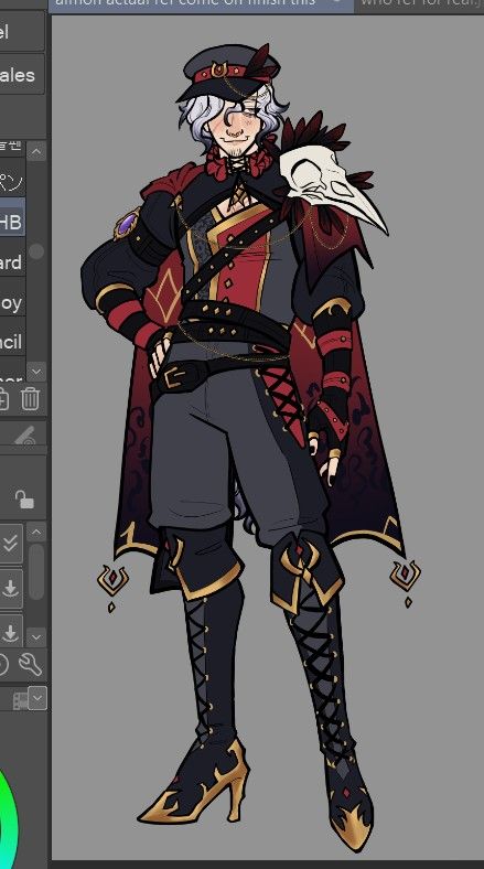 this is a digital illustration of a male character. he is wearing a red and black suit with gold accents, a black hat with gold accents, and black boots with gold accents. he has a skull on his shoulder and a bird's head is on his arm. he looks like an anime character, he is standing with his legs apart and his hands on his hips. he is looking to the right of the picture. the background is gray.