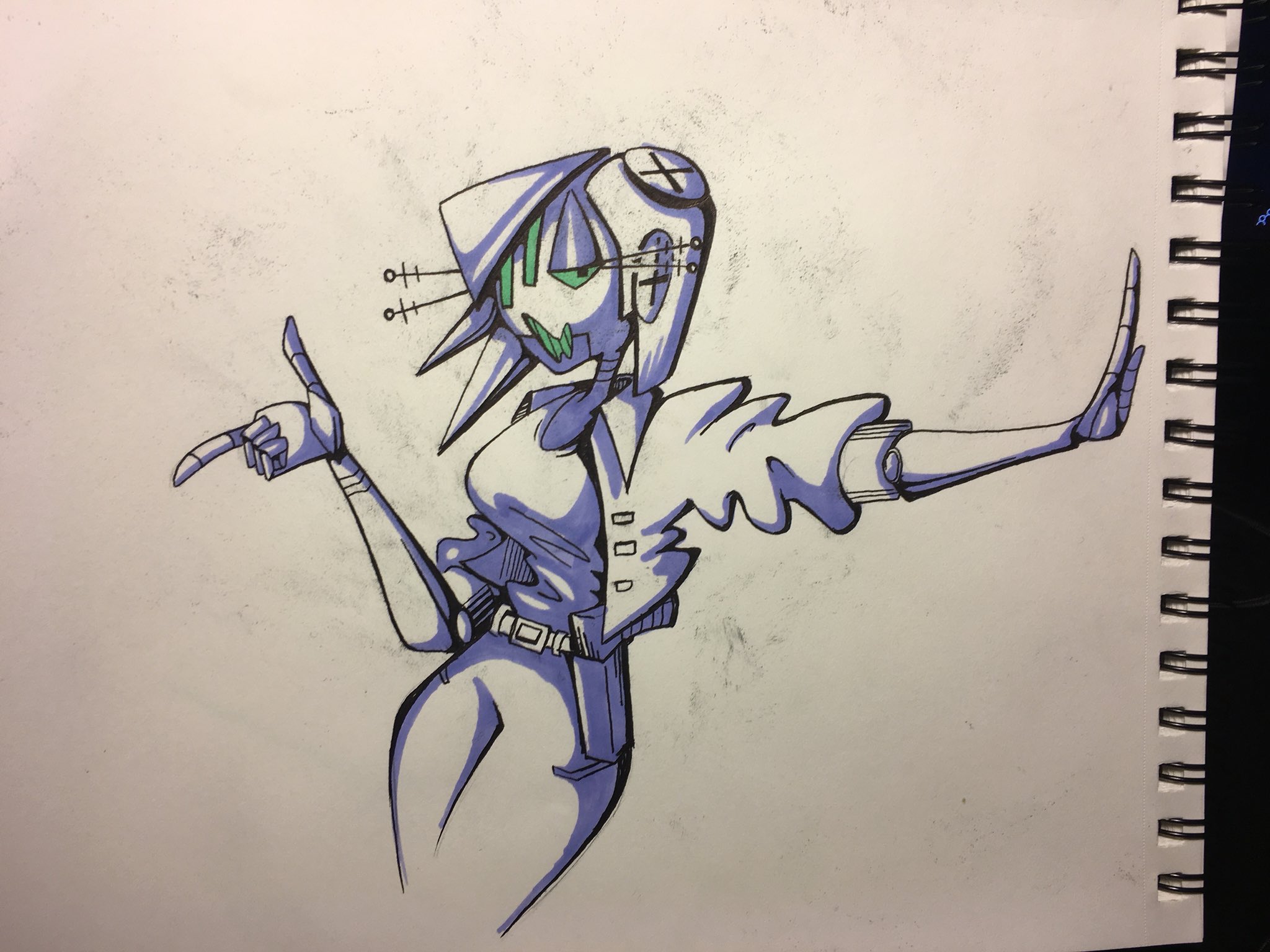 a black and white sketch of a stylized female robot with a single green eye. she is posed with her arms outstretched, as if dancing or presenting something. the art style is loose and expressive.