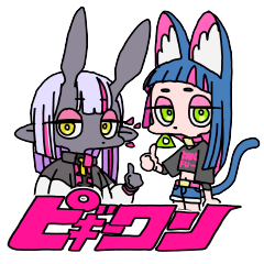 the logo features two stylized characters, a bunny girl and a cat girl, in a vibrant and edgy aesthetic. they're positioned against a bright pink banner with japanese text. the bunny girl, on the left, has gray fur, long ears, and striking yellow eyes. she wears a black and white outfit with pink accents. the cat girl, on the right, sports blue fur, cat ears, and piercing green eyes. her outfit consists of a black crop top, denim shorts, and a pink choker. the japanese text on the banner likely represents a name or a title. the overall style of the image combines elements of anime, streetwear, and pop art.
