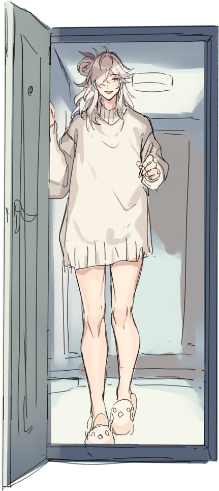 an anime girl with long white hair is standing in a locker wearing a white sweater and white shoes. she is looking at the camera with a slight smile. the locker door is open and the inside of the locker is visible. the background is light blue.