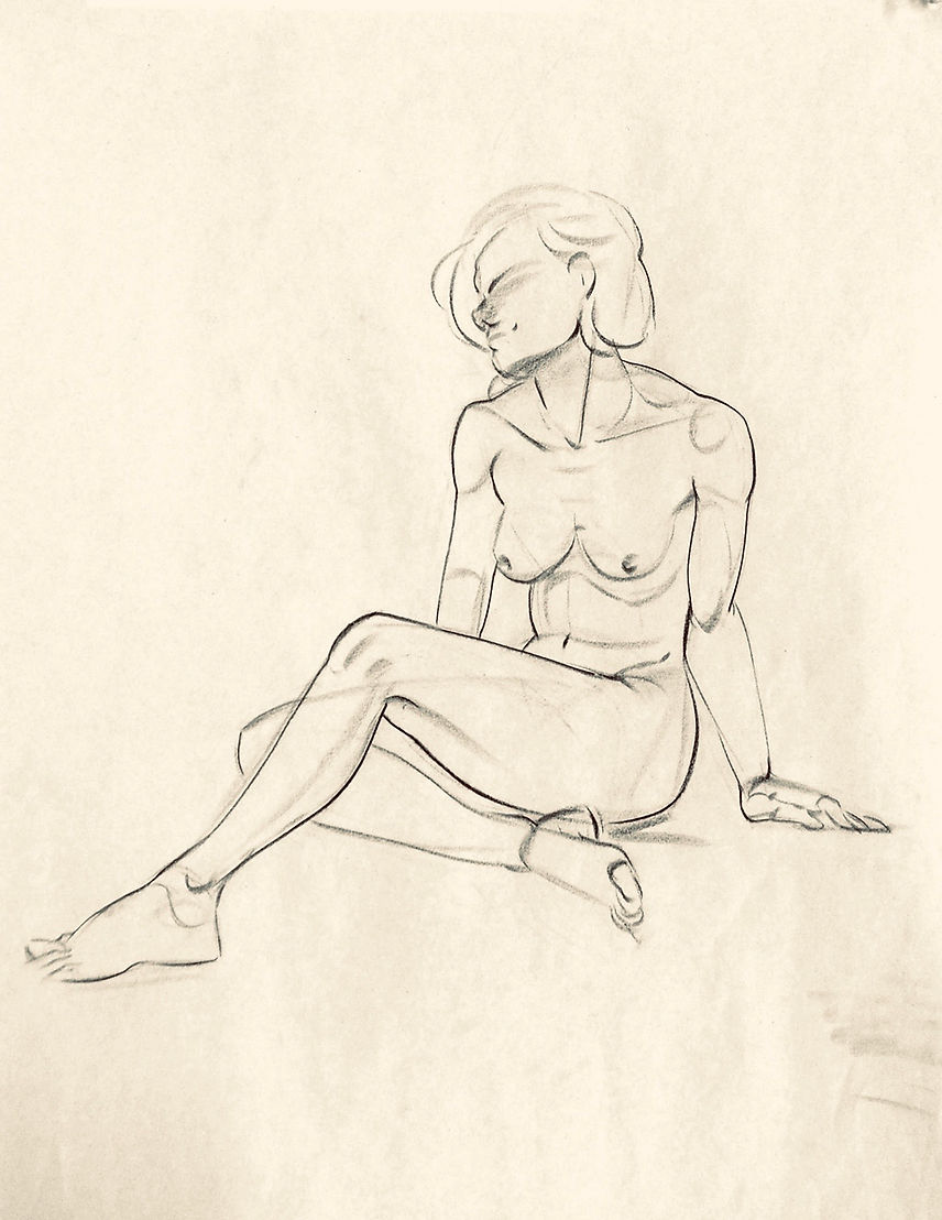a simple line drawing of a nude woman sitting with her legs crossed.  she is facing to the left. the drawing is done in pencil on white paper.