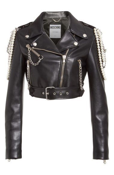 a black leather biker jacket with silver chain and pearl details. the jacket is cropped and has a zipper closure. the brand name "moschino" is visible on the label.