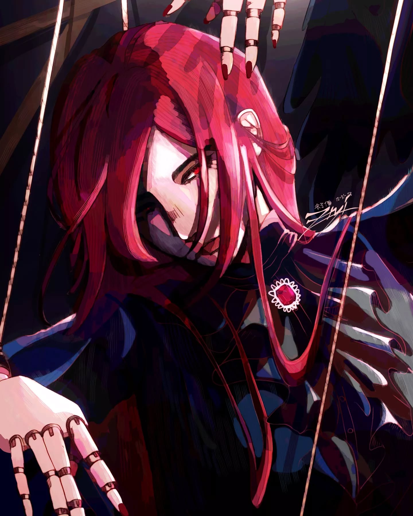a digital painting of an animestyle female character with long, vibrant red hair. she appears to be a puppet, with strings attached to her body and mechanical hands visible at the top and bottom of the image. her expression is stoic, perhaps melancholic, and she wears a dark, elegant outfit adorned with a ruby brooch. the overall style is dark and dramatic, with deep shadows and rich colors that create a mysterious and gothic atmosphere. the image suggests a sense of control and manipulation, emphasizing the puppetlike nature of the character.