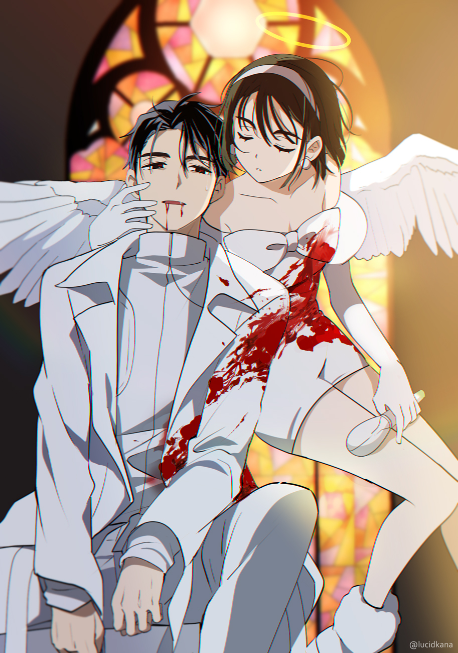 this is an illustration of a gothicthemed anime couple. the woman is dressed as an angel with white wings and a white dress.  she is sitting on top of a man wearing a white suit. both are covered in blood. the scene is set in front of stained glass windows in a church, with a halo over the woman's head.  the overall tone of the image is dark and mysterious, suggesting a sinister or romantic undertone.