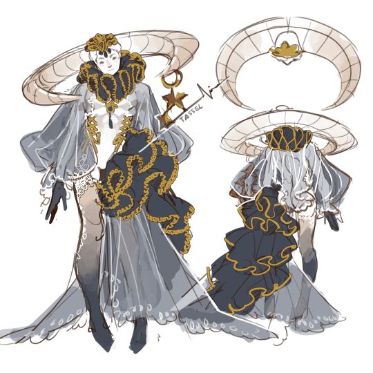a black and white drawing of a fantasy anime girl in a grey and gold dress with a moon hat. she is drawn in a stylized fashion, with exaggerated features and poses. the dress is elaborate and decorated with ruffles, gold trim, and a black ribbon. she appears to be a powerful and beautiful character. the drawing is done in a light and airy style, with delicate lines and soft shading.  there are small details of the dress, as well as the crown, and the moon hat are drawn in a more detailed fashion.