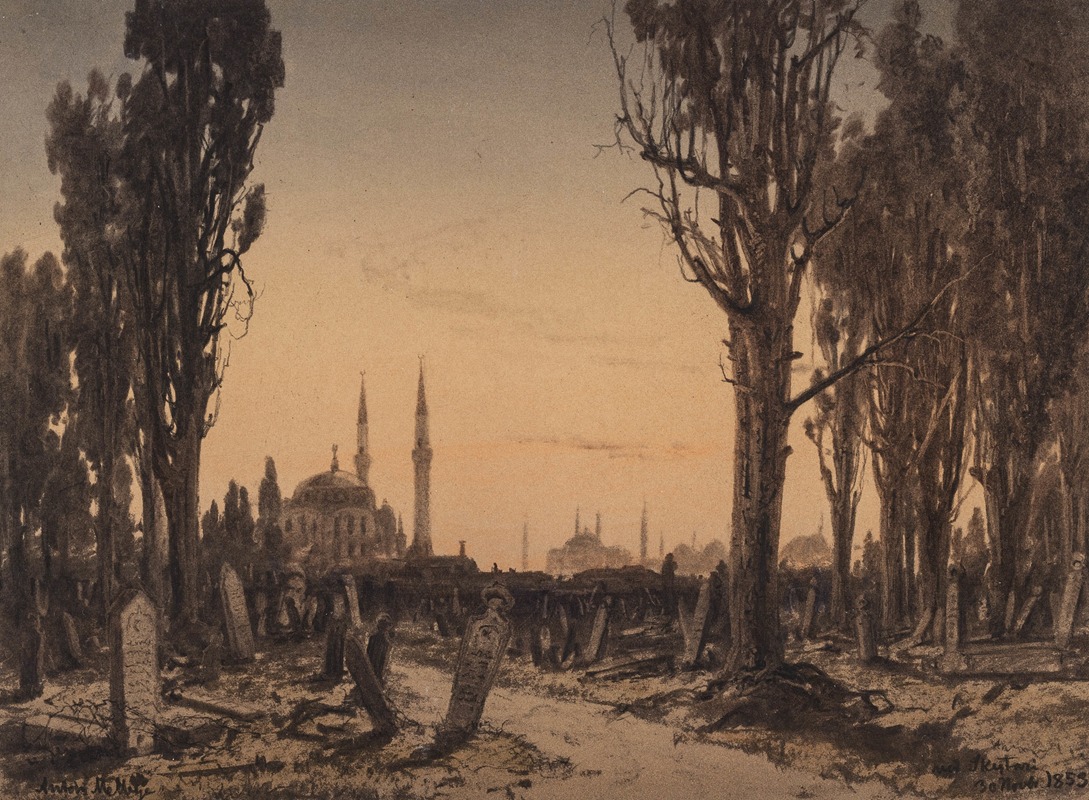 a monochrome painting depicting a graveyard with trees and tombstones. in the background, a cityscape with mosques and minarets is visible under a twilight sky. the artwork, attributed to anton hlavacek, is dated 1853 and portrays a scene in istanbul, likely during the ottoman empire.