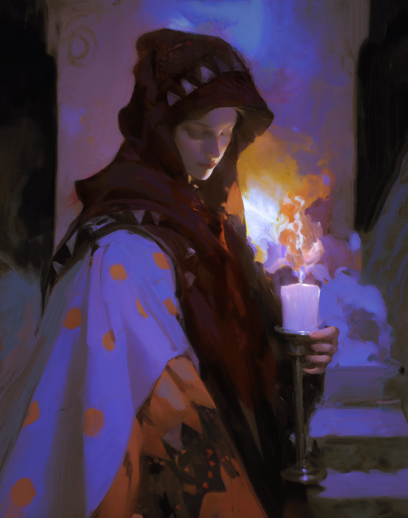 a woman, cloaked in a deep red hood and a purple robe, stands with a candle in her hand. the scene is bathed in warm light from the candle, illuminating the woman's face and creating a mysterious and ethereal atmosphere. the background is dark and shadowy, suggesting an unknown setting. the woman's expression is unreadable, adding to the mystique of the image. the painting is a beautiful example of digital art, capturing the intricate details of the woman's clothing and the soft glow of the candlelight.