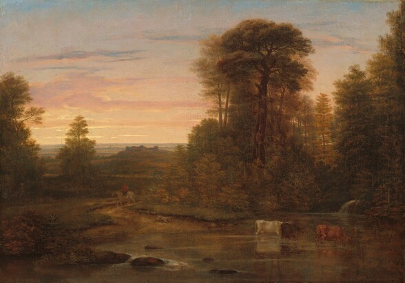 the image is a painting of a landscape scene featuring a river in the foreground with two cows wading in it. behind the river is a forest with tall trees. in the distance, there is a rider on a horse and some buildings under a sunset sky. the overall impression is one of rural tranquility and natural beauty.