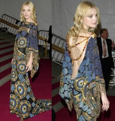 the image is a composite of two photos showcasing two women in elaborate patterned dresses, likely on a red carpet or at a formal event. both women exude glamour and elegance with their choices of clothing, highlighting intricate patterns and embellishments. the woman on the left is wearing a floorlength dress with a tightfitting bodice and flowing skirt, adorned with a circular motif. her hair is styled in a sleek, sophisticated manner. the woman on the right, captured from the back, is showcasing a backless gown with a similar patterned fabric, but in a more flowing and bohemian style. her hair cascades down her back, and she's wearing a statement necklace, adding to the allure of her outfit. the images capture the essence of fashion and style, demonstrating how these women are confidently making a statement with their sartorial choices. the rich colors and textures of the dresses draw the viewer in, inviting them to appreciate the artistry and craftsmanship involved in their creation.