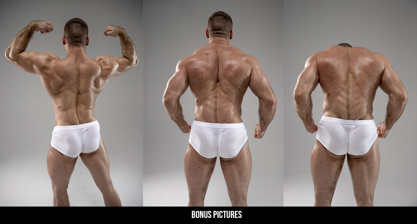 a muscular man is posing in white underwear. he is showing off his toned physique and ripped muscles. he is standing in a studio with a grey background. he is flexing his muscles in each of the three frames.